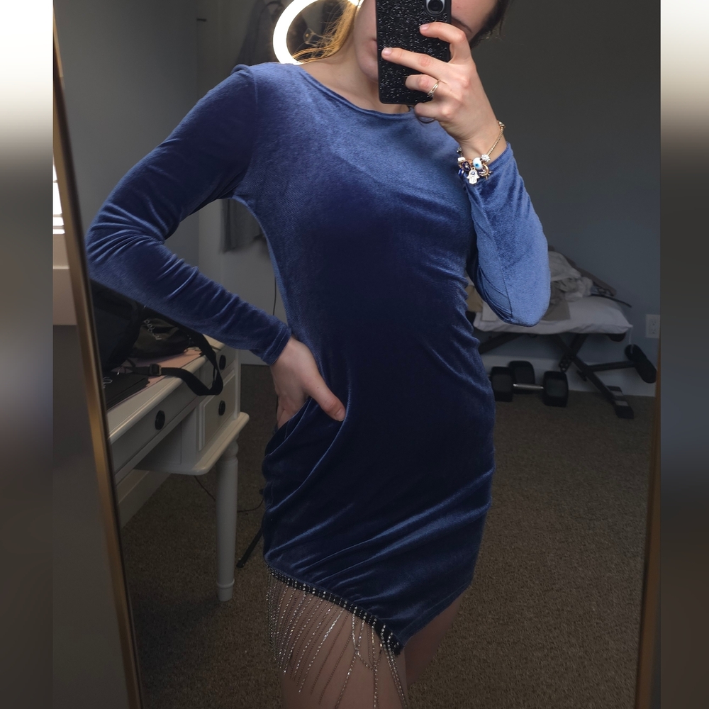 Elegant Blue Velvet Dress with Rhinestone Fringe
